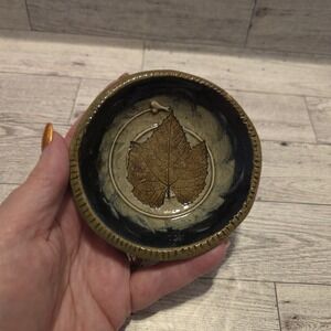 Studio Pottery Leaf Impression Trinket Dish Signed DRH Rustic Glaze